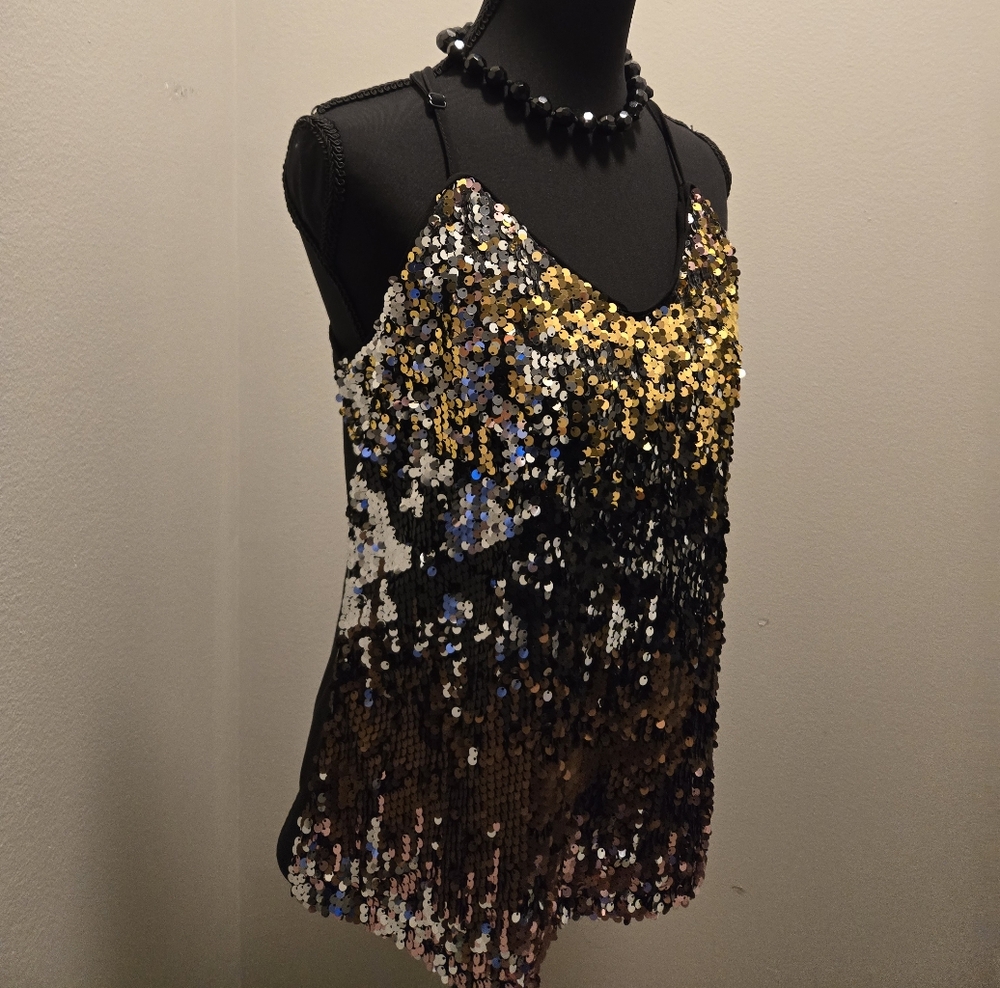 Grace Karin Gold and Black Sequin Embellished Tank Top